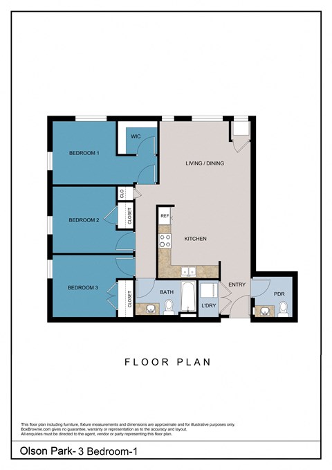 Floor plan for 3 beds, 1.5 baths, 1085 sqft
